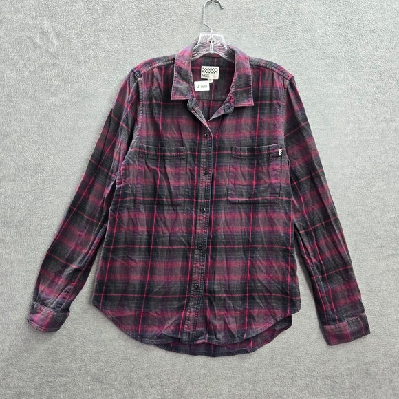 VANS Women Top XL Red Plaid Button Up Flannel Pocket Long Sleeve Collar - Picture 1 of 10